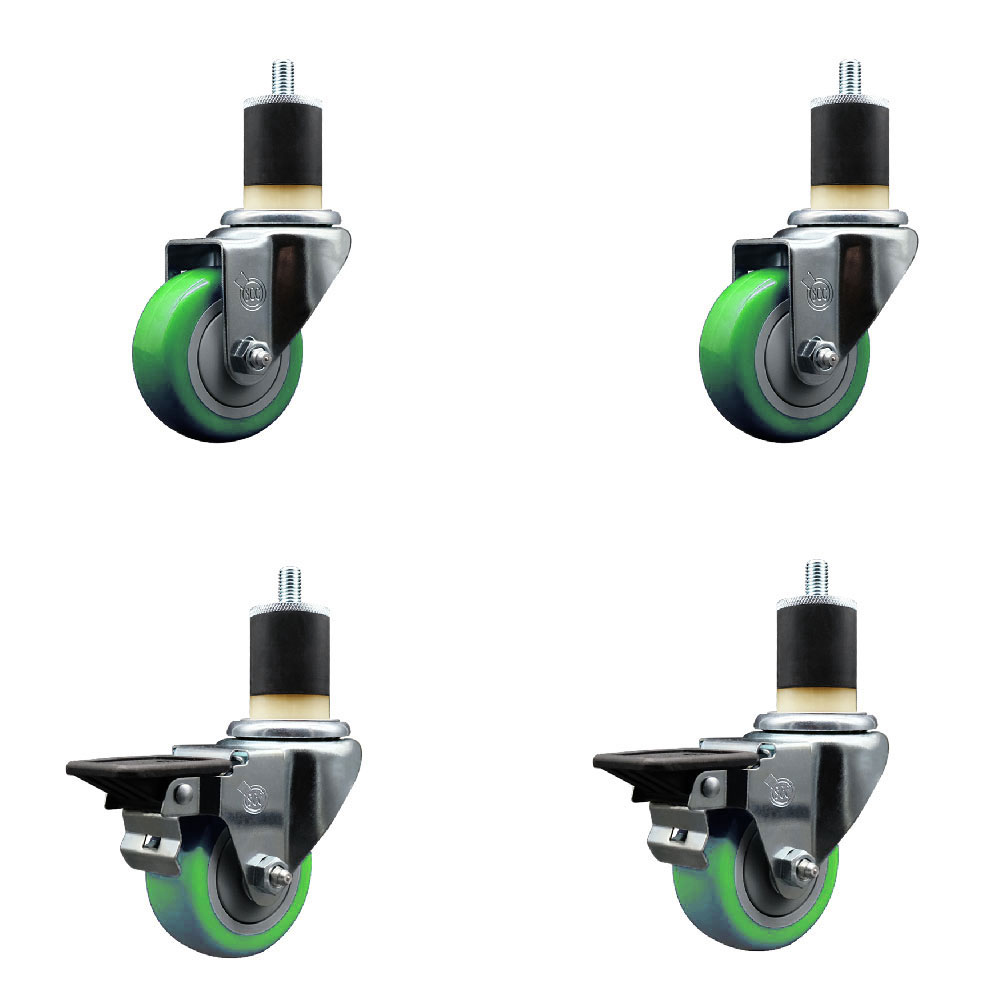 Polyurethane Swivel Expanding Stem Caster Set of 4 with 3 Inch Green Wheels and 1-7/8" Stems - Includes 2 with Posi Locking Brakes - 1200 lbs Total Capacity - Service Caster Brand — photo 1
