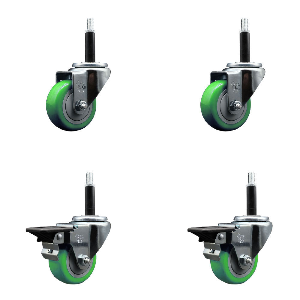 Polyurethane Swivel Expanding Stem Caster Set of 4 with 3 Inch Green Wheels and 3/4" Stems - Includes 2 with Posi Locking Brakes - 1200 lbs Total Capacity - Service Caster Brand — photo 1
