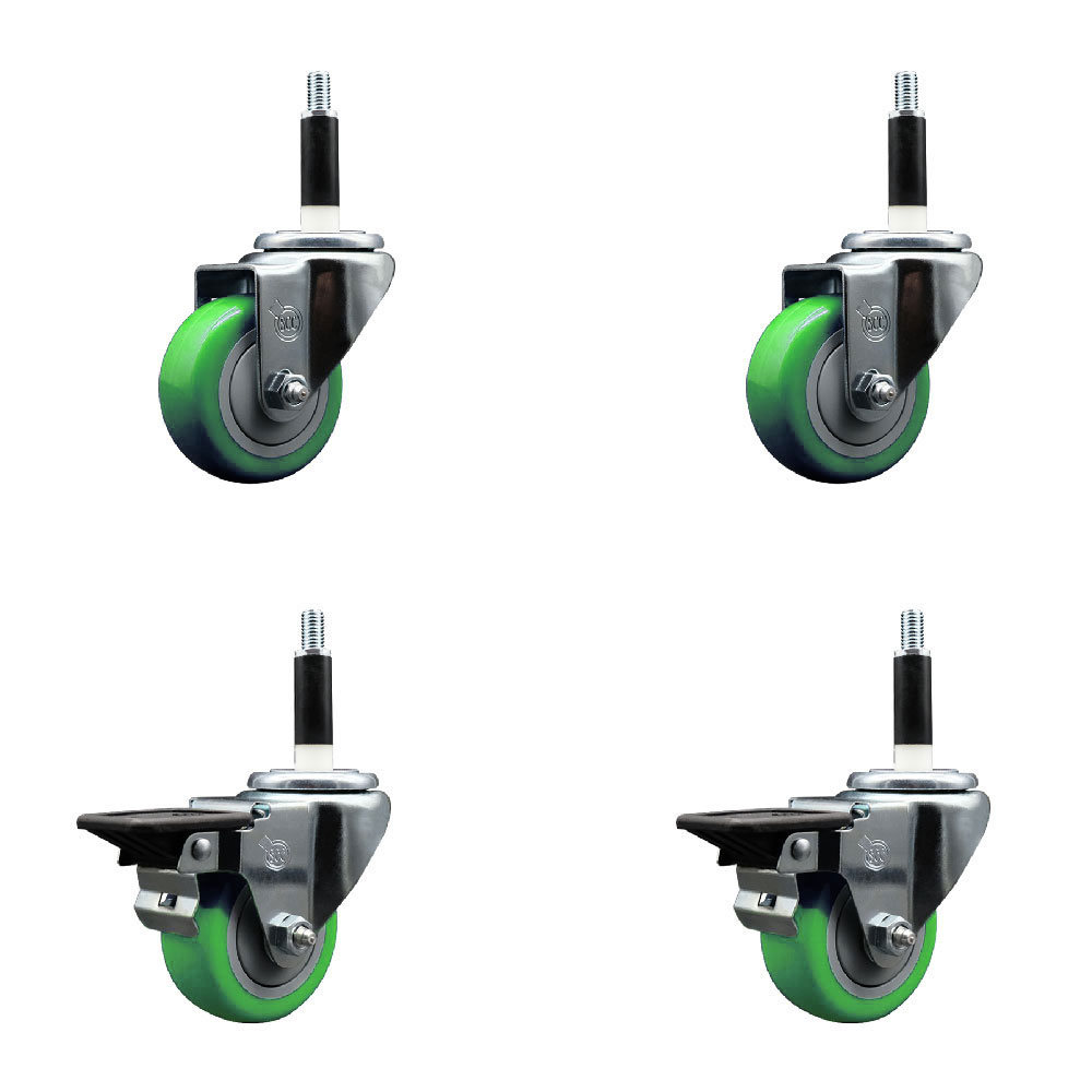 Polyurethane Swivel Expanding Stem Caster Set of 4 with 3 Inch Green Wheels and 7/8" Stems - Includes 2 with Posi Locking Brakes - 1200 lbs Total Capacity - Service Caster Brand — photo 1