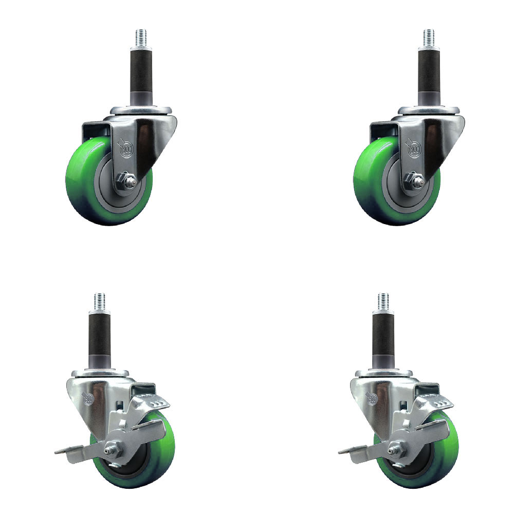 Stainless Steel Polyurethane Swivel Expanding Stem Caster Set of 4 with 3 Inch Green Wheels and 1" Stems - Includes 2 with Top Locking Brakes - 1200 lbs Total Capacity - Service Caster Brand — photo 1