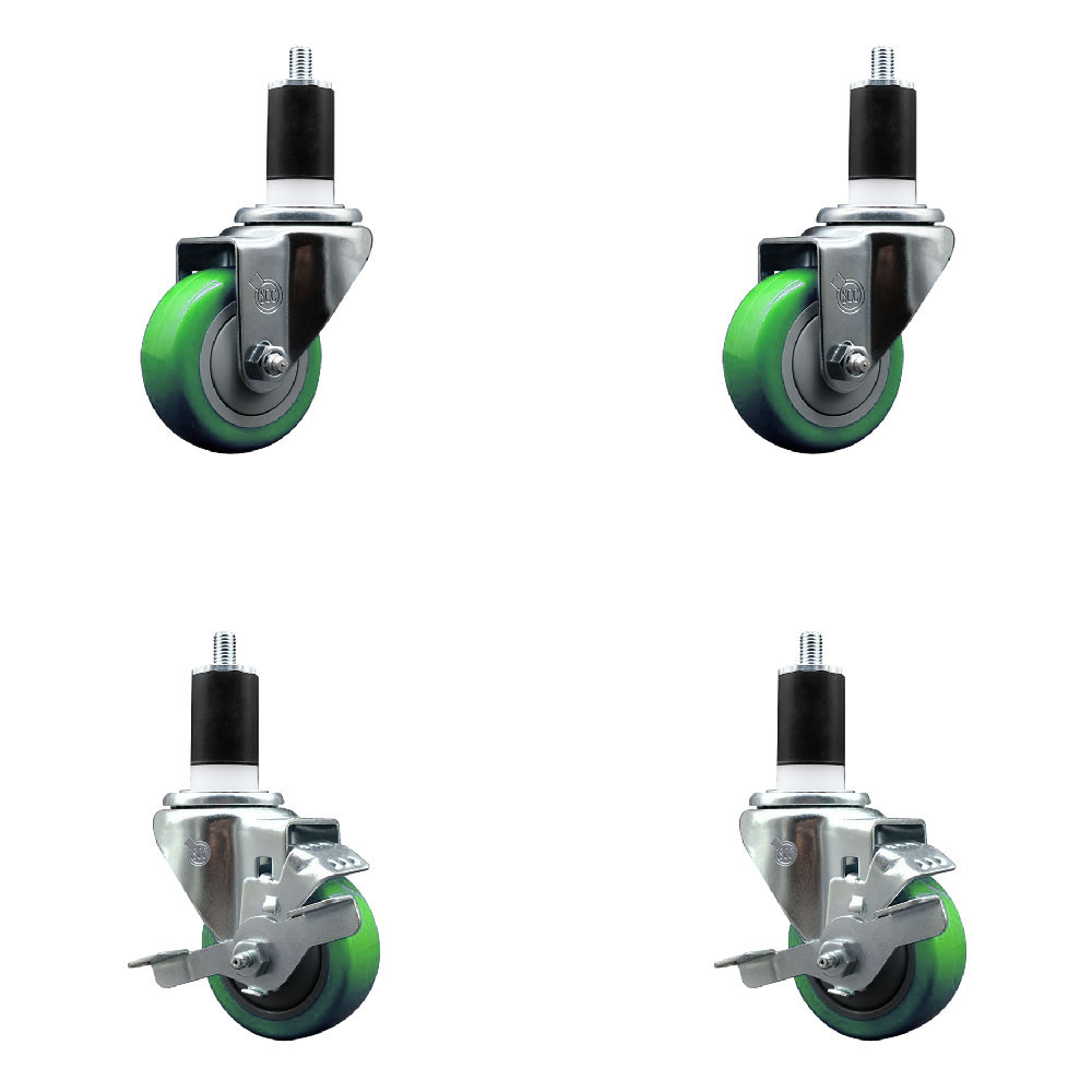Polyurethane Swivel Expanding Stem Caster Set of 4 with 3 Inch Green Wheels and 1-1/2" Stems - Includes 2 with Top Locking Brakes - 1200 lbs Total Capacity - Service Caster Brand — photo 1