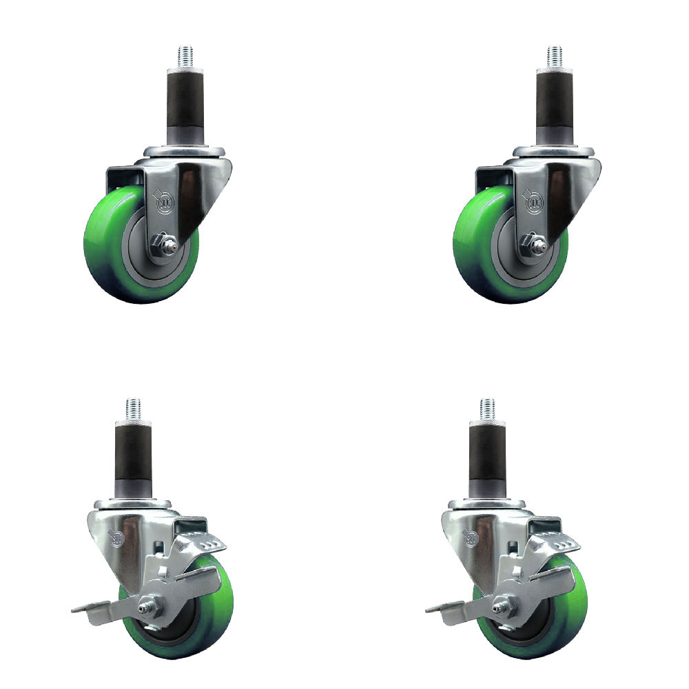 Stainless Steel Polyurethane Swivel Expanding Stem Caster Set of 4 with 3 Inch Green Wheels and 1-1/4" Stems - Includes 2 with Top Locking Brakes - 1200 lbs Total Capacity - Service Caster Brand — photo 1