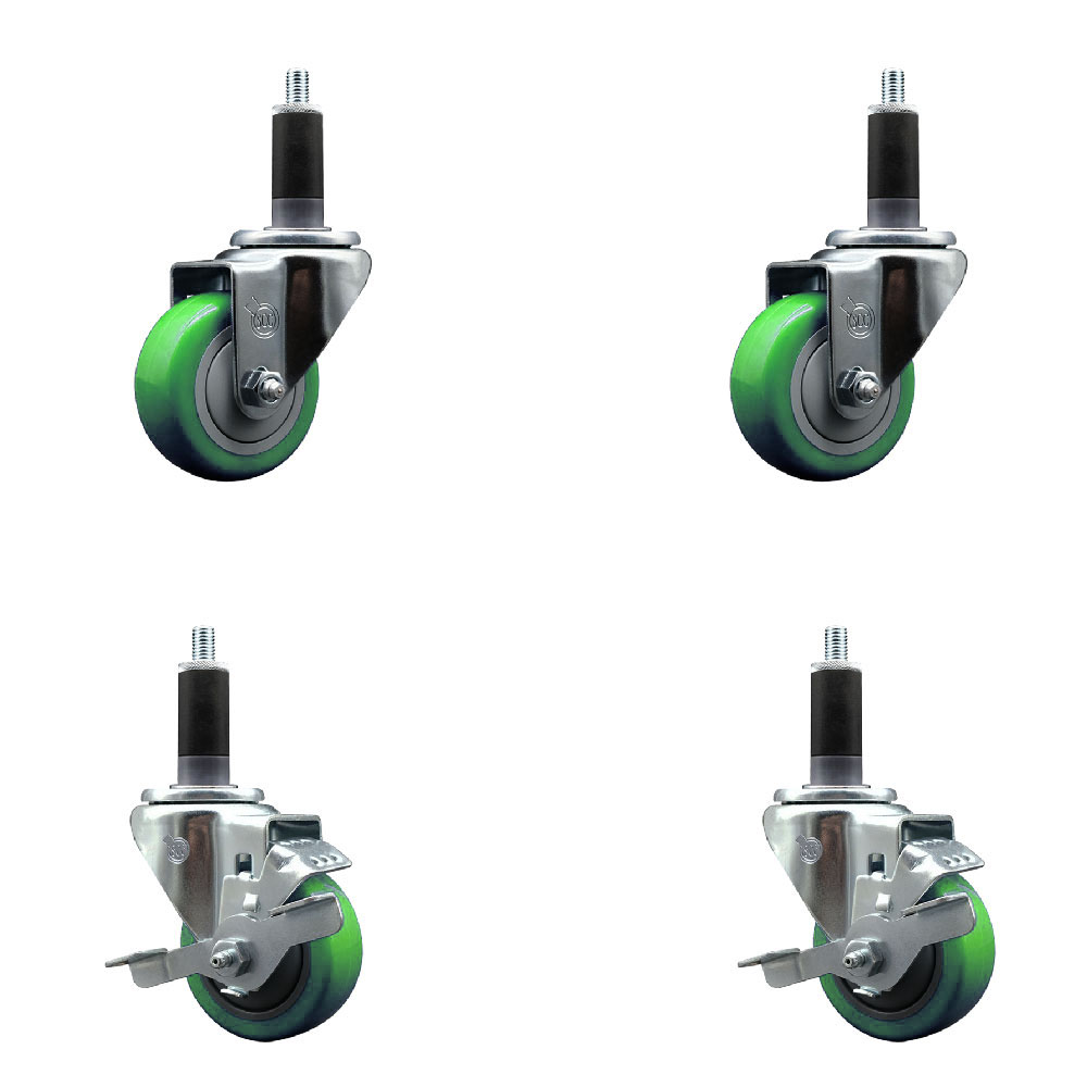 Stainless Steel Polyurethane Swivel Expanding Stem Caster Set of 4 with 3 Inch Green Wheels and 1-1/8" Stems - Includes 2 with Top Locking Brakes - 1200 lbs Total Capacity - Service Caster Brand — photo 1