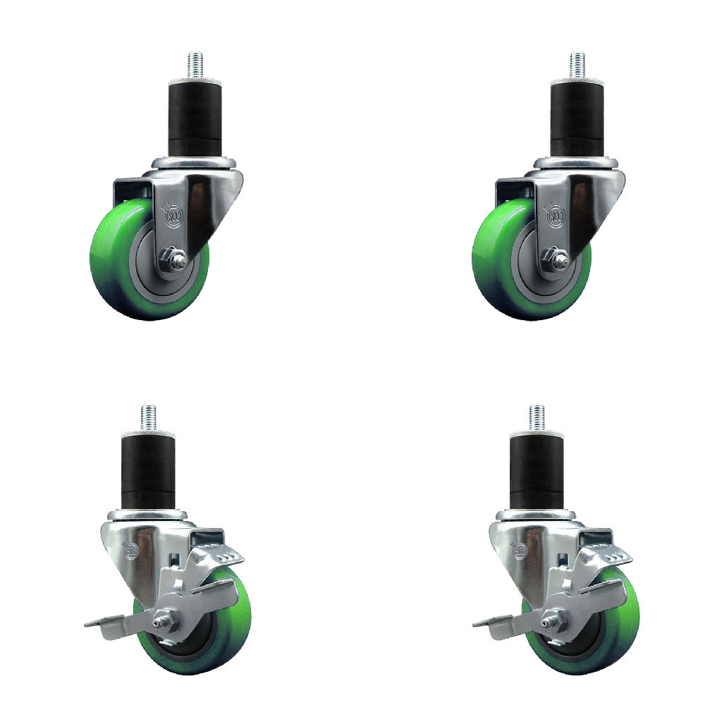 Stainless Steel Polyurethane Swivel Expanding Stem Caster Set of 4 with 3 Inch Green Wheels and 1-3/4" Stems - Includes 2 with Top Locking Brakes - 1200 lbs Total Capacity - Service Caster Brand — photo 1