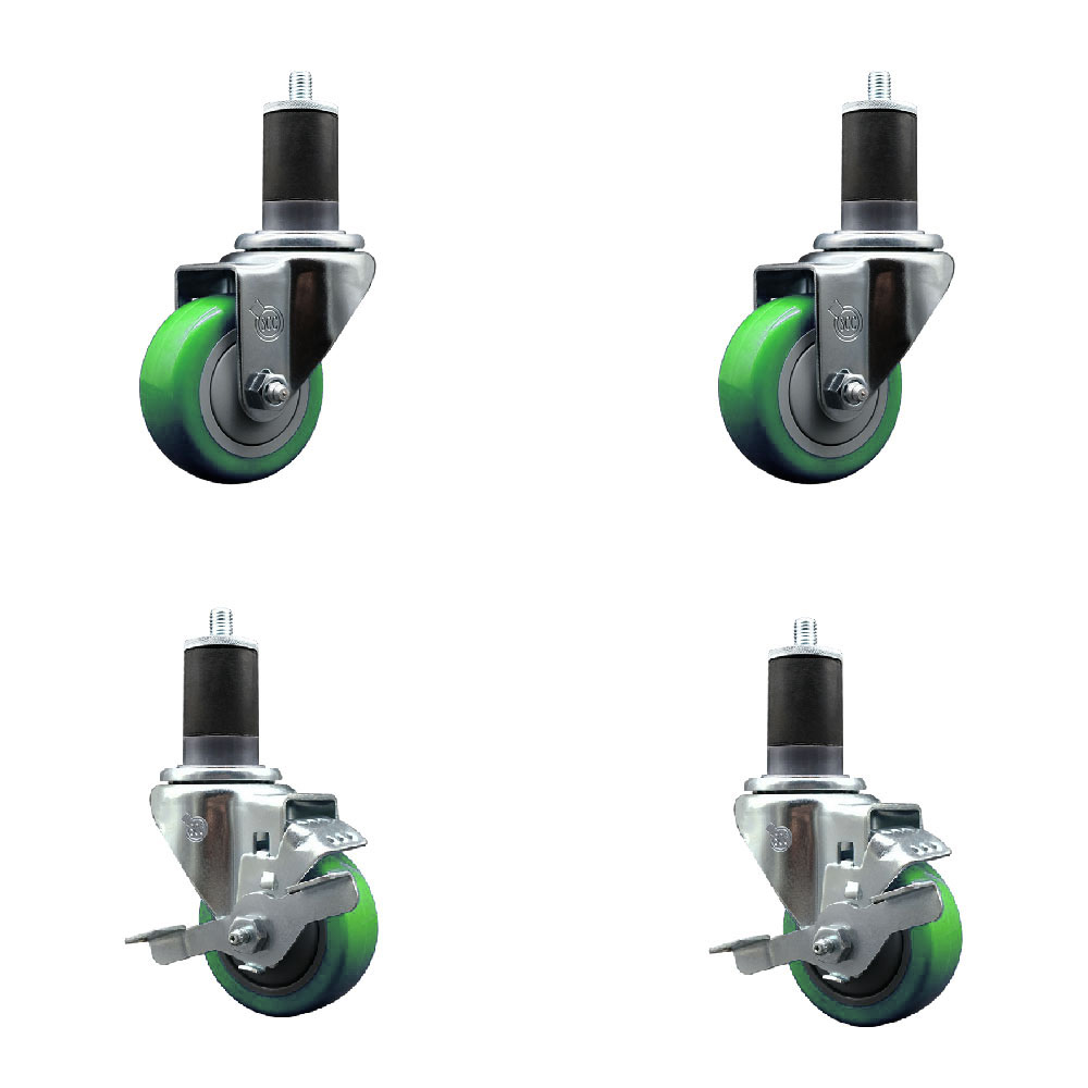 Stainless Steel Polyurethane Swivel Expanding Stem Caster Set of 4 with 3 Inch Green Wheels and 1-5/8" Stems - Includes 2 with Top Locking Brakes - 1200 lbs Total Capacity - Service Caster Brand — photo 1