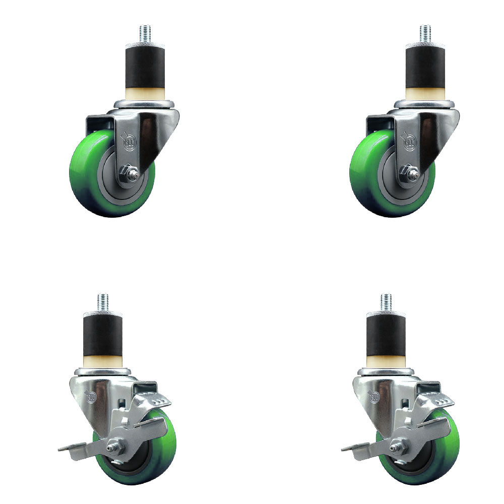 Stainless Steel Polyurethane Swivel Expanding Stem Caster Set of 4 with 3 Inch Green Wheels and 1-7/8" Stems - Includes 2 with Top Locking Brakes - 1200 lbs Total Capacity - Service Caster Brand — photo 1