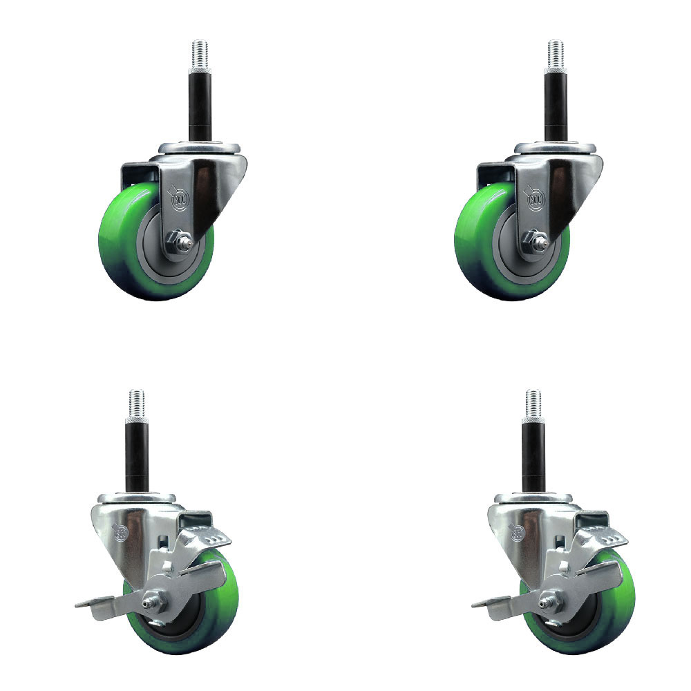 Stainless Steel Polyurethane Swivel Expanding Stem Caster Set of 4 with 3 Inch Green Wheels and 3/4" Stems - Includes 2 with Top Locking Brakes - 1200 lbs Total Capacity - Service Caster Brand — photo 1