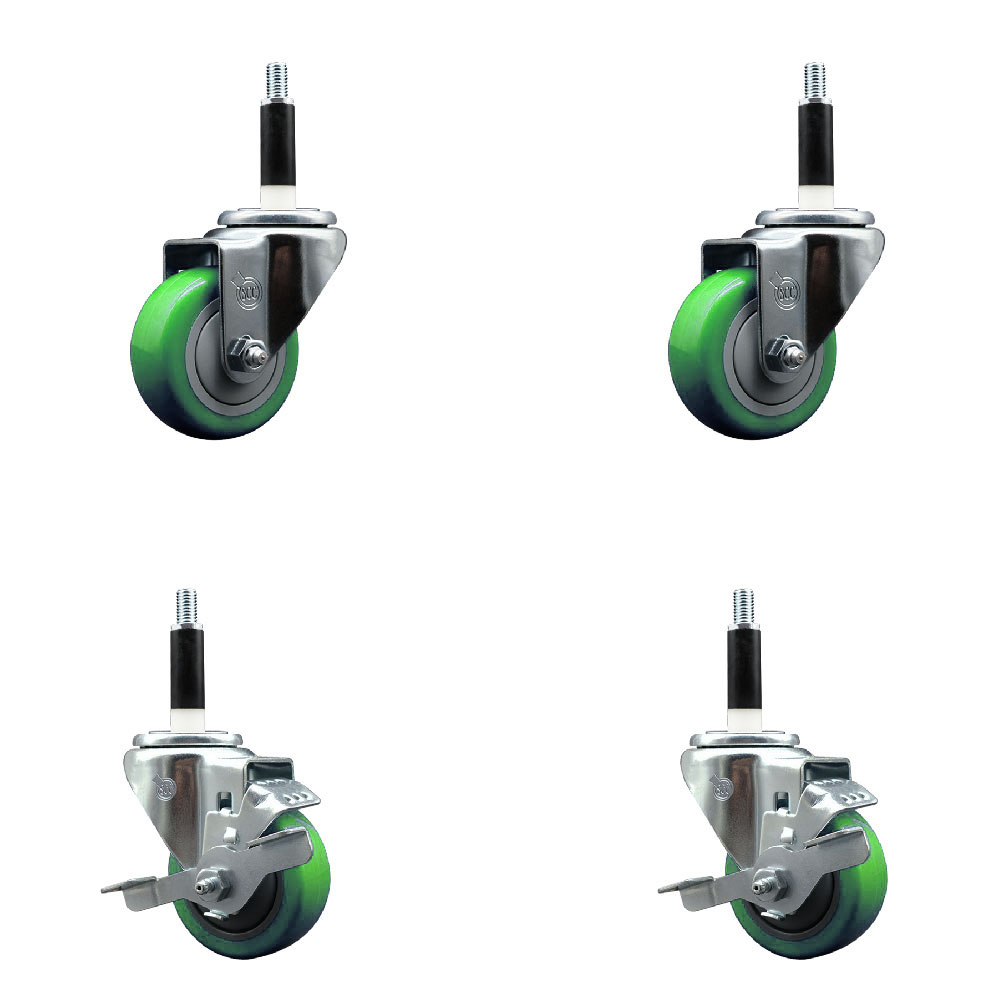 Stainless Steel Polyurethane Swivel Expanding Stem Caster Set of 4 with 3 Inch Green Wheels and 7/8" Stems - Includes 2 with Top Locking Brakes - 1200 lbs Total Capacity - Service Caster Brand — photo 1