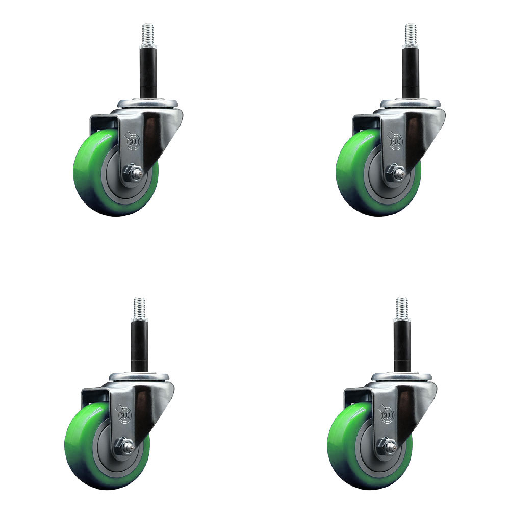 Stainless Steel Polyurethane Swivel Expanding Stem Caster Set of 4 with 3 Inch Green Wheels and 3/4" Stems - Includes 4 Swivel - 300 lbs. Capacity Per Caster - Service Caster Brand — photo 1