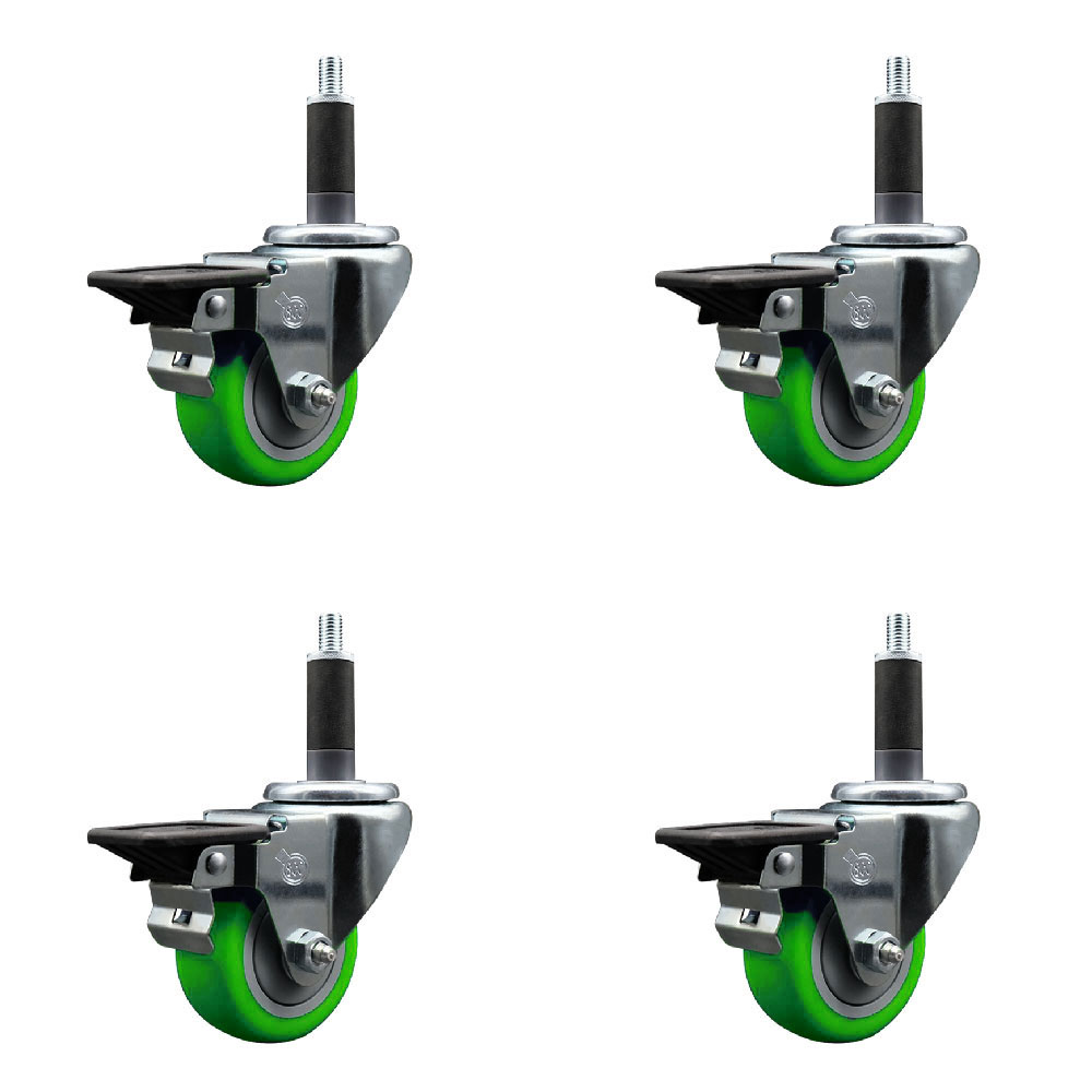 Polyurethane Swivel Expanding Stem Caster Set of 4 with 3 Inch Green Wheels and 1" Stems - Includes 4 Swivel with Posi Locking Brakes - 300 lbs. Capacity Per Caster - Service Caster Brand — photo 1