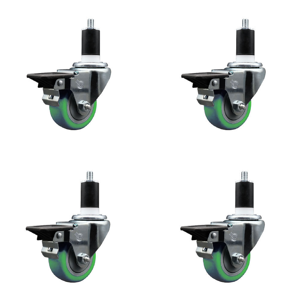 Polyurethane Swivel Expanding Stem Caster Set of 4 with 3 Inch Green Wheels and 1-1/2" Stems - Includes 4 Swivel with Posi Locking Brakes - 300 lbs. Capacity Per Caster - Service Caster Brand — photo 1