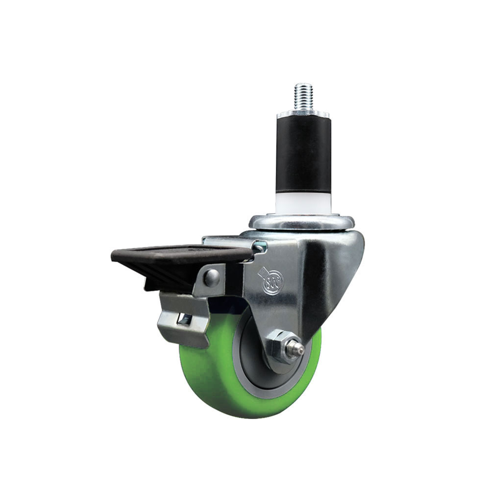 Polyurethane Expanding Stem Swivel Caster with 3 Inch Green Wheel and 1-1/2" Stem & Posi Locking Brake - 300 lbs. Capacity Per Caster - Service Caster Brand — photo 1