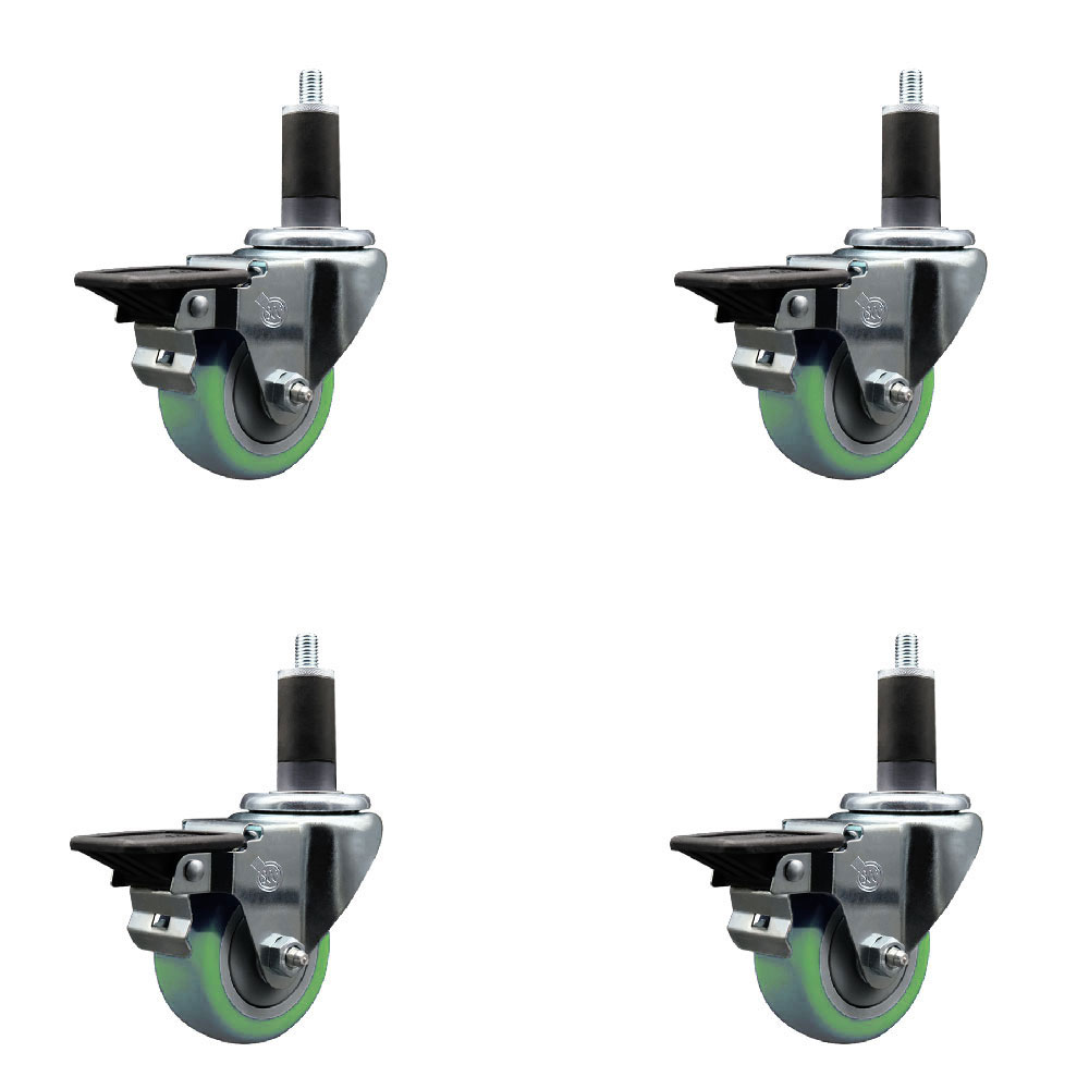 Polyurethane Swivel Expanding Stem Caster Set of 4 with 3 Inch Green Wheels and 1-1/4" Stems - Includes 4 Swivel with Posi Locking Brakes - 300 lbs. Capacity Per Caster - Service Caster Brand — photo 1