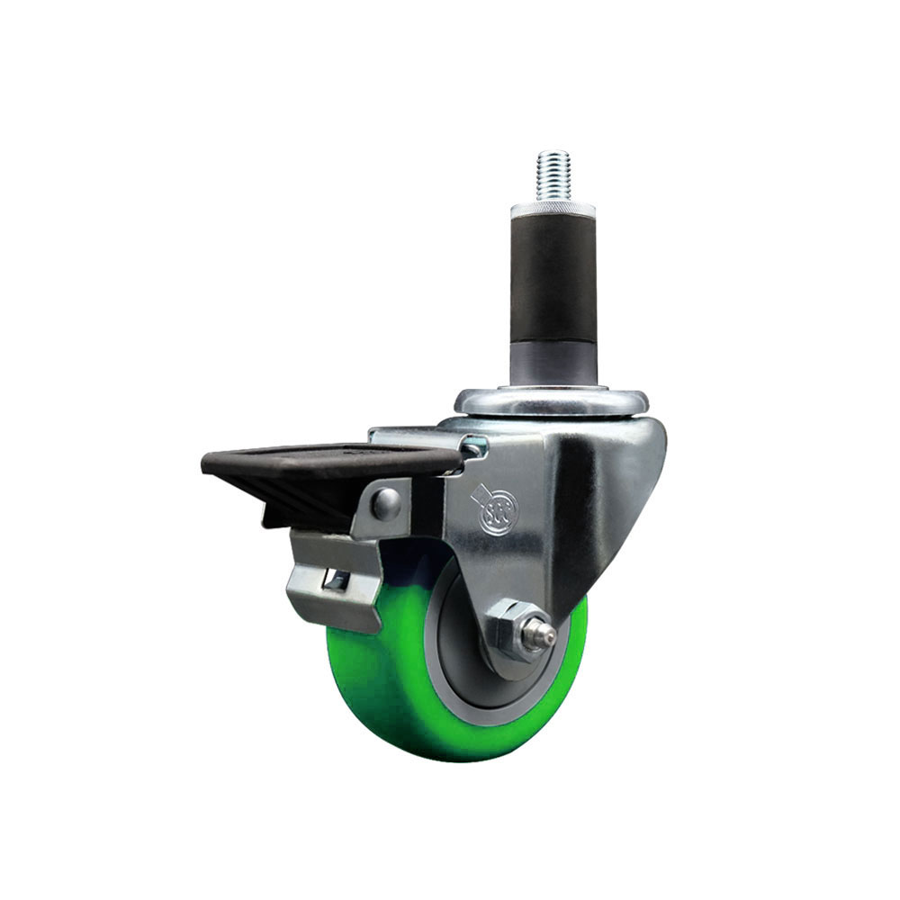 Polyurethane Expanding Stem Swivel Caster with 3 Inch Green Wheel and 1-1/4" Stem & Posi Locking Brake - 300 lbs. Capacity Per Caster - Service Caster Brand — photo 1