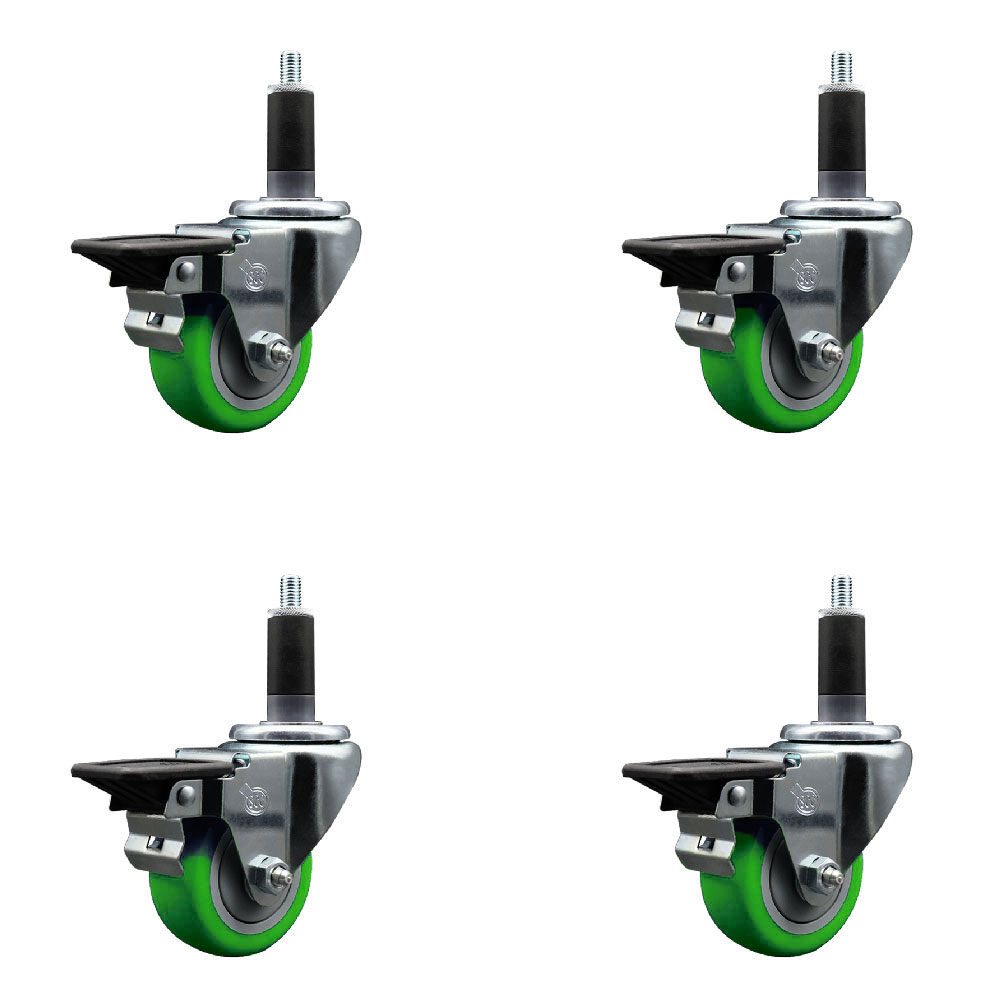Polyurethane Swivel Expanding Stem Caster Set of 4 with 3 Inch Green Wheels and 1-1/8" Stems - Includes 4 Swivel with Posi Locking Brakes - 300 lbs. Capacity Per Caster - Service Caster Brand — photo 1