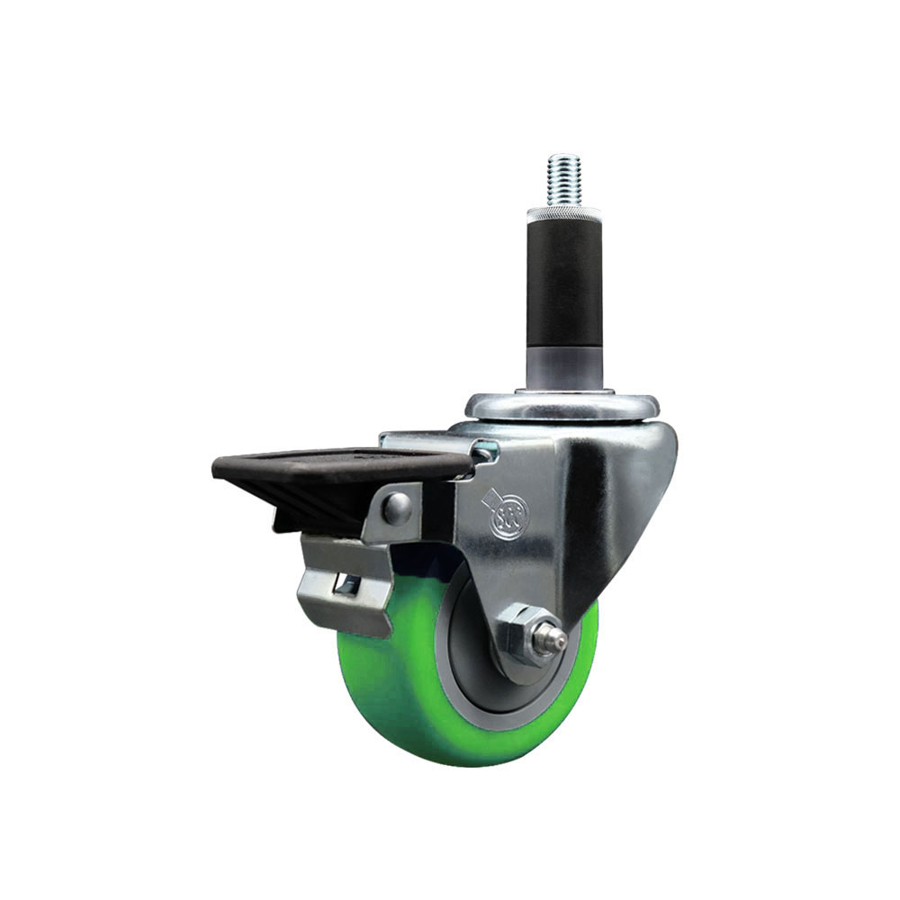 Polyurethane Expanding Stem Swivel Caster with 3 Inch Green Wheel and 1-1/8" Stem & Posi Locking Brake - 300 lbs. Capacity Per Caster - Service Caster Brand — photo 1