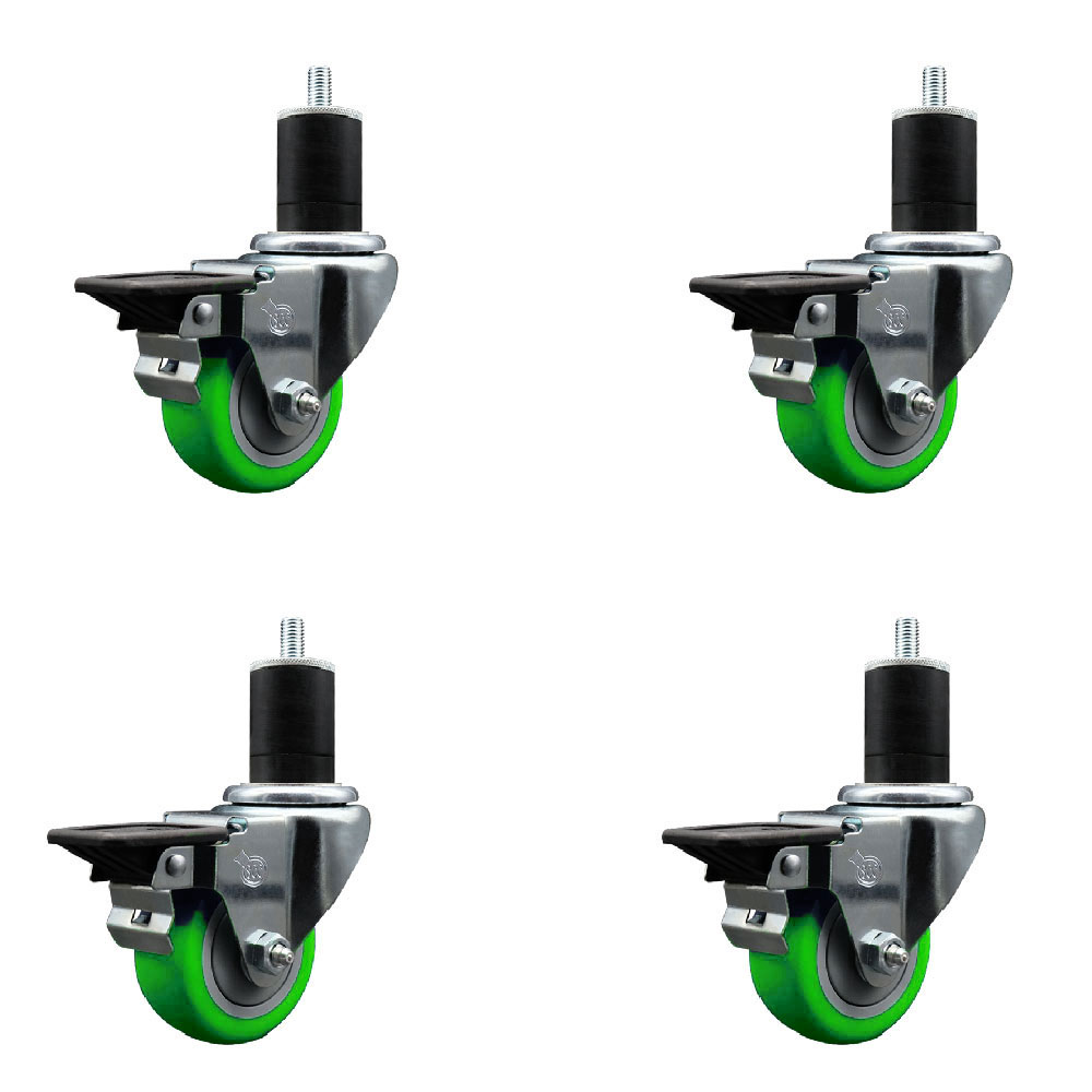 Polyurethane Swivel Expanding Stem Caster Set of 4 with 3 Inch Green Wheels and 1-3/4" Stems - Includes 4 Swivel with Posi Locking Brakes - 300 lbs. Capacity Per Caster - Service Caster Brand — photo 1