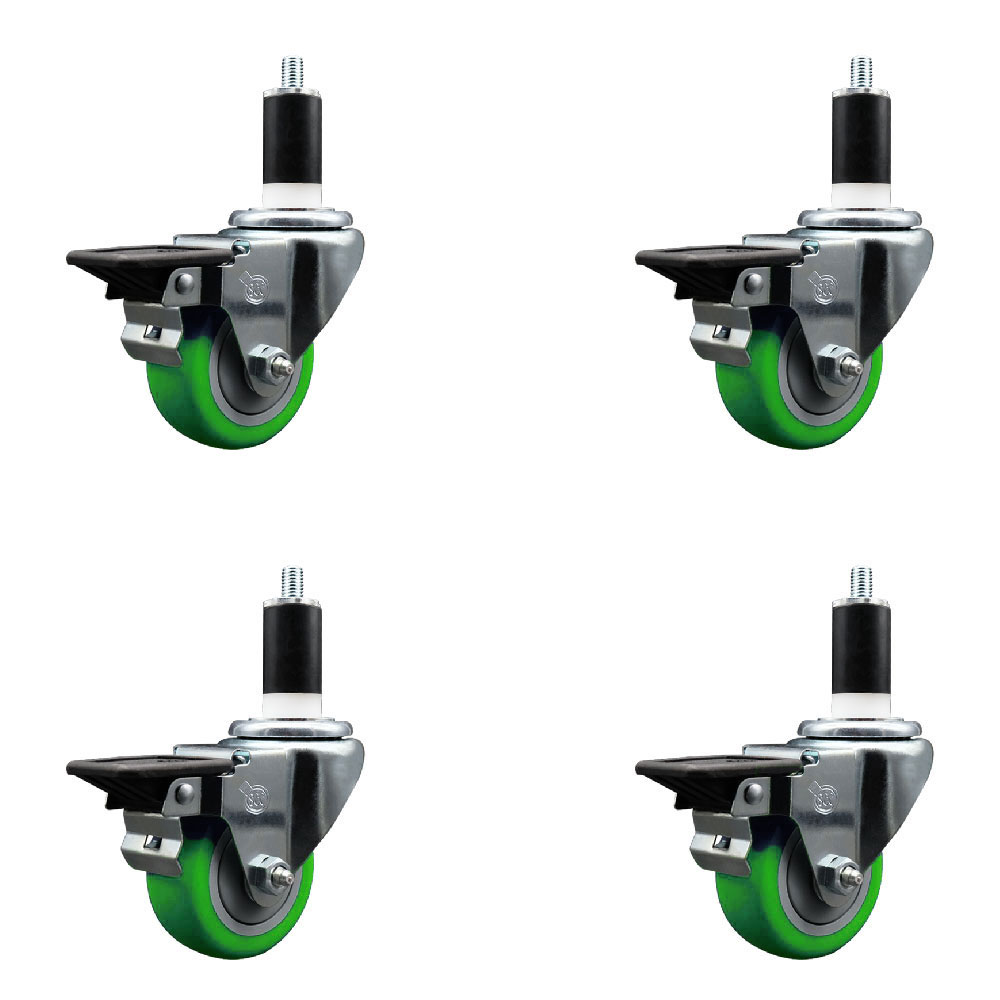 Polyurethane Swivel Expanding Stem Caster Set of 4 with 3 Inch Green Wheels and 1-3/8" Stems - Includes 4 Swivel with Posi Locking Brakes - 300 lbs. Capacity Per Caster - Service Caster Brand — photo 1