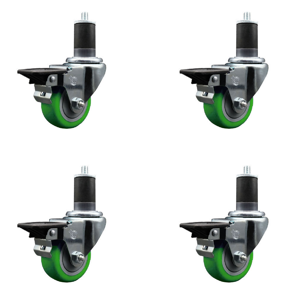 Polyurethane Swivel Expanding Stem Caster Set of 4 with 3 Inch Green Wheels and 1-5/8" Stems - Includes 4 Swivel with Posi Locking Brakes - 300 lbs. Capacity Per Caster - Service Caster Brand — photo 1