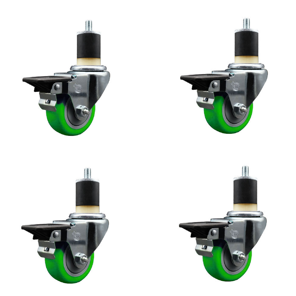 Polyurethane Swivel Expanding Stem Caster Set of 4 with 3 Inch Green Wheels and 1-7/8" Stems - Includes 4 Swivel with Posi Locking Brakes - 300 lbs. Capacity Per Caster - Service Caster Brand — photo 1