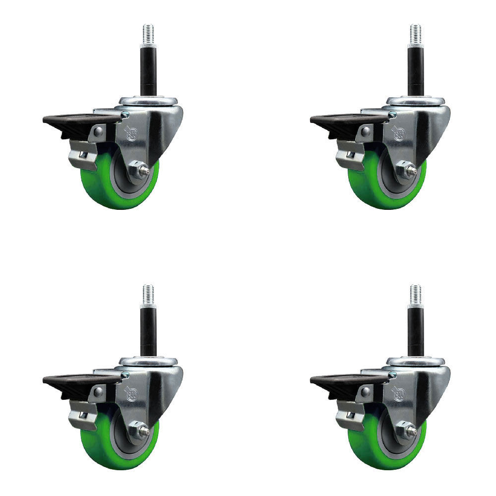 Polyurethane Swivel Expanding Stem Caster Set of 4 with 3 Inch Green Wheels and 3/4" Stems - Includes 4 Swivel with Posi Locking Brakes - 300 lbs. Capacity Per Caster - Service Caster Brand — photo 1