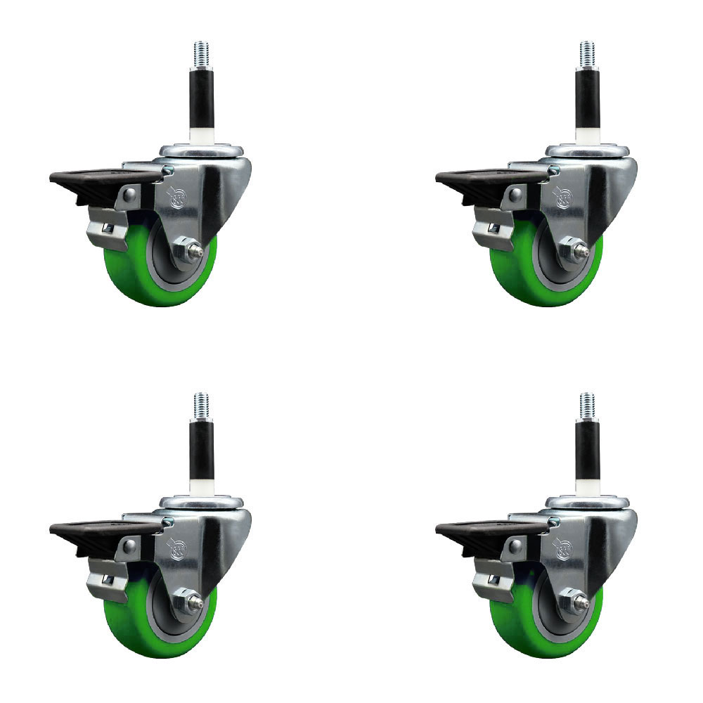 Polyurethane Swivel Expanding Stem Caster Set of 4 with 3 Inch Green Wheels and 7/8" Stems - Includes 4 Swivel with Posi Locking Brakes - 300 lbs. Capacity Per Caster - Service Caster Brand — photo 1