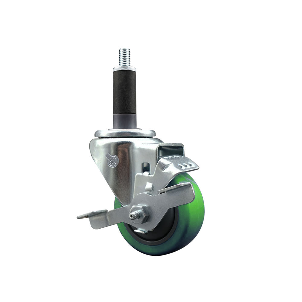 Stainless Steel Polyurethane Expanding Stem Swivel Caster with 3 Inch Green Wheel and 1" Stem & Top Locking Brake - 300 lbs. Capacity Per Caster - Service Caster Brand — photo 1