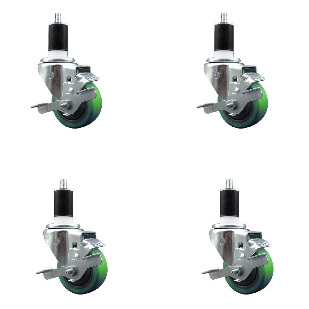 Stainless Steel Polyurethane Swivel Expanding Stem Caster Set of 4 with 3 Inch Green Wheels and 1-1/2" Stems-Includes 4 Swivel with Top Locking Brakes-300 lbs. Capacity Per Caster-Service Caster Brand — photo 1