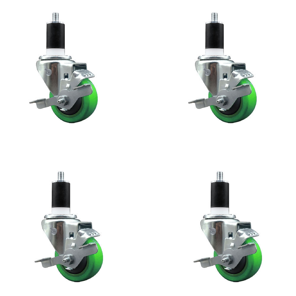 Polyurethane Swivel Expanding Stem Caster Set of 4 with 3 Inch Green Wheels and 1-1/2" Stems - Includes 4 Swivel with Top Locking Brakes - 300 lbs. Capacity Per Caster - Service Caster Brand — photo 1