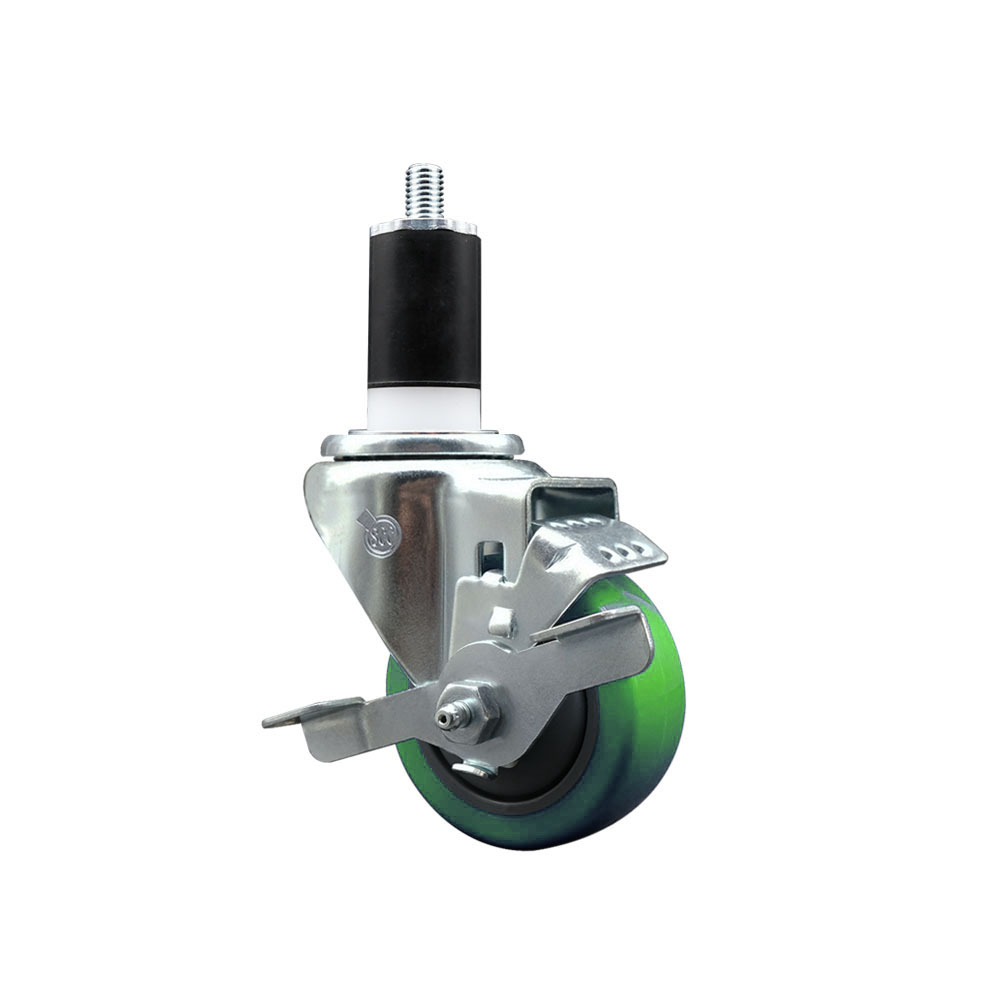 Polyurethane Expanding Stem Swivel Caster with 3 Inch Green Wheel and 1-1/2" Stem & Top Locking Brake - 300 lbs. Capacity Per Caster - Service Caster Brand — photo 1