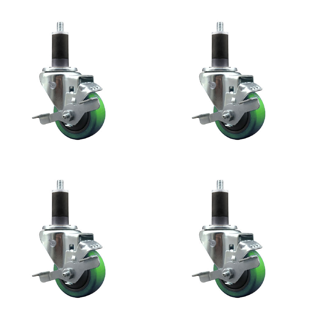 Stainless Steel Polyurethane Swivel Expanding Stem Caster Set of 4 with 3 Inch Green Wheels and 1-1/4" Stems-Includes 4 Swivel with Top Locking Brakes-300 lbs. Capacity Per Caster-Service Caster Brand — photo 1