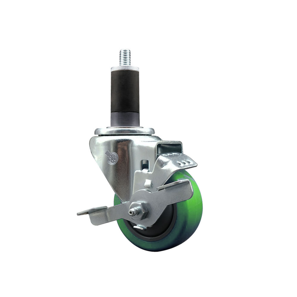 Stainless Steel Polyurethane Expanding Stem Swivel Caster with 3 Inch Green Wheel and 1-1/4" Stem & Top Locking Brake - 300 lbs. Capacity Per Caster - Service Caster Brand — photo 1