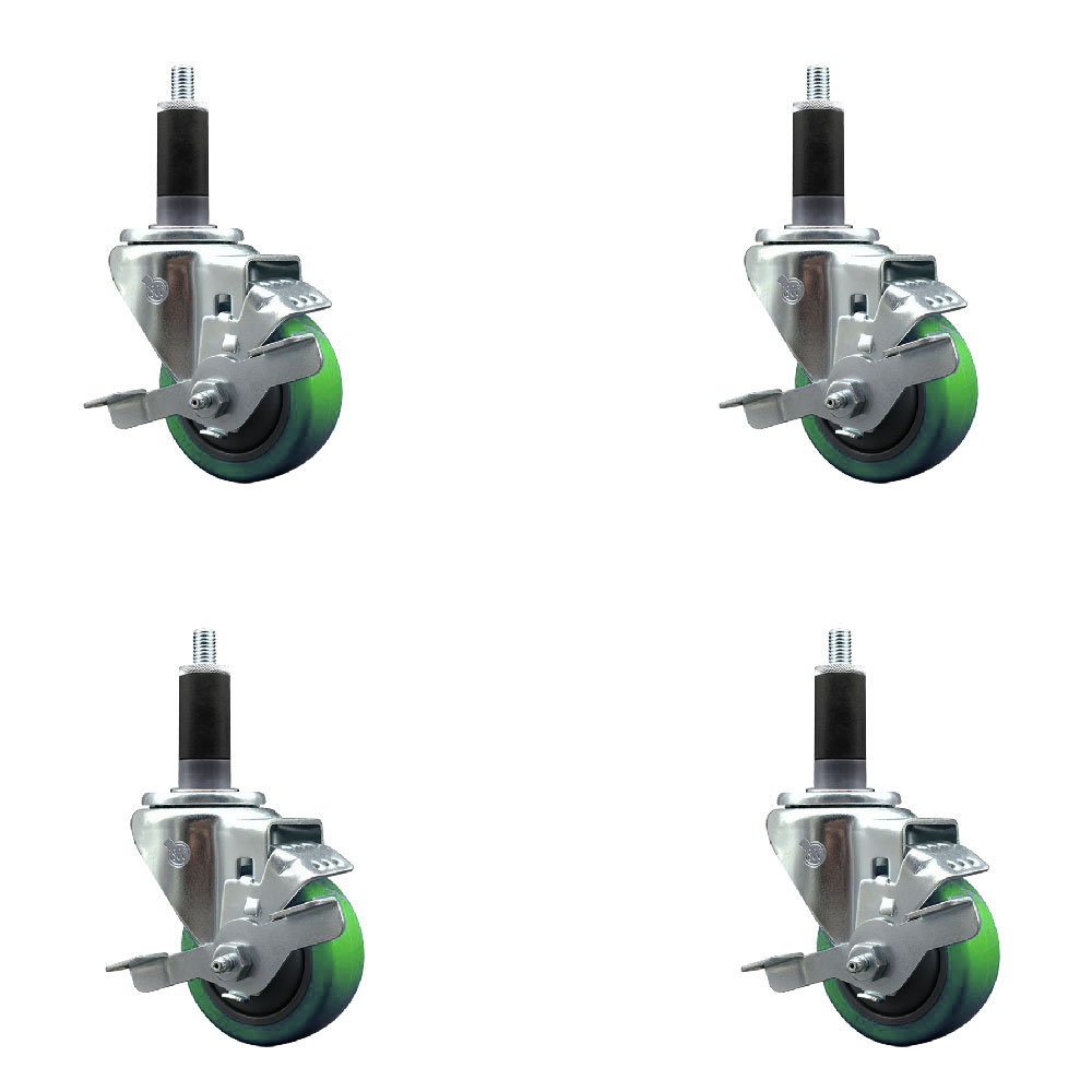 Stainless Steel Polyurethane Swivel Expanding Stem Caster Set of 4 with 3 Inch Green Wheels and 1-1/8" Stems-Includes 4 Swivel with Top Locking Brakes-300 lbs. Capacity Per Caster-Service Caster Brand — photo 1