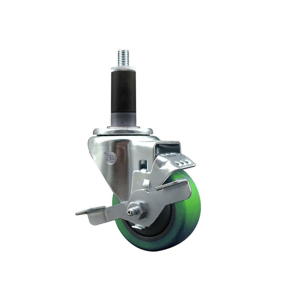 Polyurethane Expanding Stem Swivel Caster with 3 Inch Green Wheel and 1-1/8" Stem & Top Locking Brake - 300 lbs. Capacity Per Caster - Service Caster Brand — photo 1