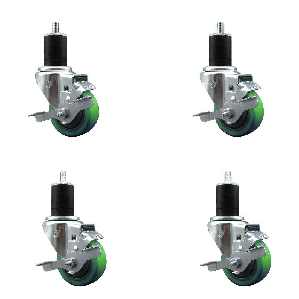 Stainless Steel Polyurethane Swivel Expanding Stem Caster Set of 4 with 3 Inch Green Wheels and 1-3/4" Stems-Includes 4 Swivel with Top Locking Brakes-300 lbs. Capacity Per Caster-Service Caster Brand — photo 1