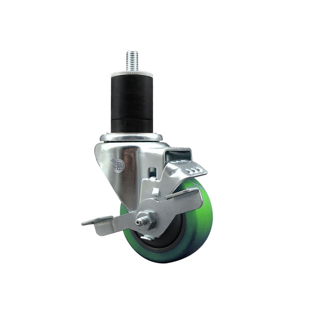 Polyurethane Expanding Stem Swivel Caster with 3 Inch Green Wheel and 1-3/4" Stem & Top Locking Brake - 300 lbs. Capacity Per Caster - Service Caster Brand — photo 1
