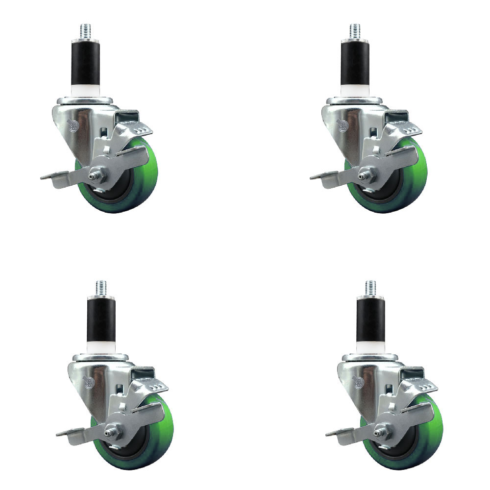 Stainless Steel Polyurethane Swivel Expanding Stem Caster Set of 4 with 3 Inch Green Wheels and 1-3/8" Stems-Includes 4 Swivel with Top Locking Brakes-300 lbs. Capacity Per Caster-Service Caster Brand — photo 1