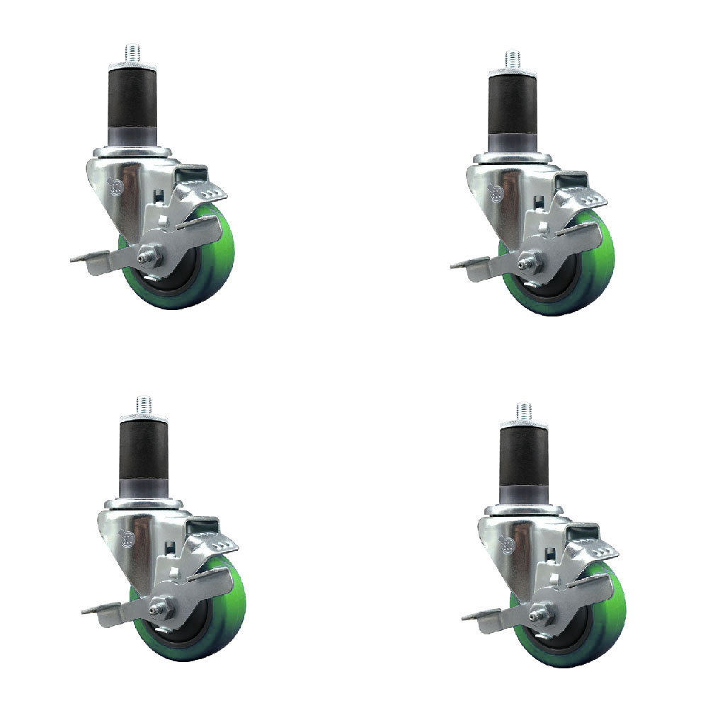 Stainless Steel Polyurethane Swivel Expanding Stem Caster Set of 4 with 3 Inch Green Wheels and 1-5/8" Stems-Includes 4 Swivel with Top Locking Brakes-300 lbs. Capacity Per Caster-Service Caster Brand — photo 1