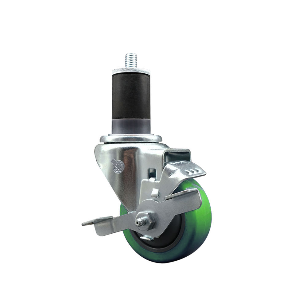 Stainless Steel Polyurethane Expanding Stem Swivel Caster with 3 Inch Green Wheel and 1-5/8" Stem & Top Locking Brake - 300 lbs. Capacity Per Caster - Service Caster Brand — photo 1