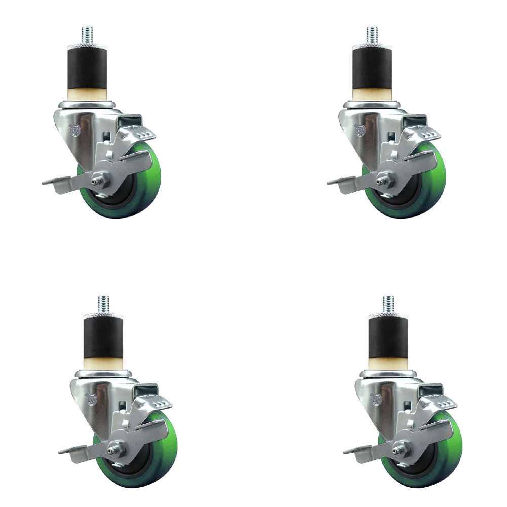 Polyurethane Swivel Expanding Stem Caster Set of 4 with 3 Inch Green Wheels and 1-7/8" Stems - Includes 4 Swivel with Top Locking Brakes - 300 lbs. Capacity Per Caster - Service Caster Brand — photo 1