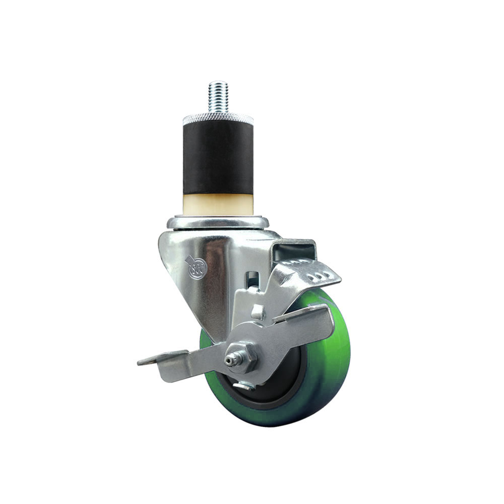 Polyurethane Expanding Stem Swivel Caster with 3 Inch Green Wheel and 1-7/8" Stem & Top Locking Brake - 300 lbs. Capacity Per Caster - Service Caster Brand — photo 1