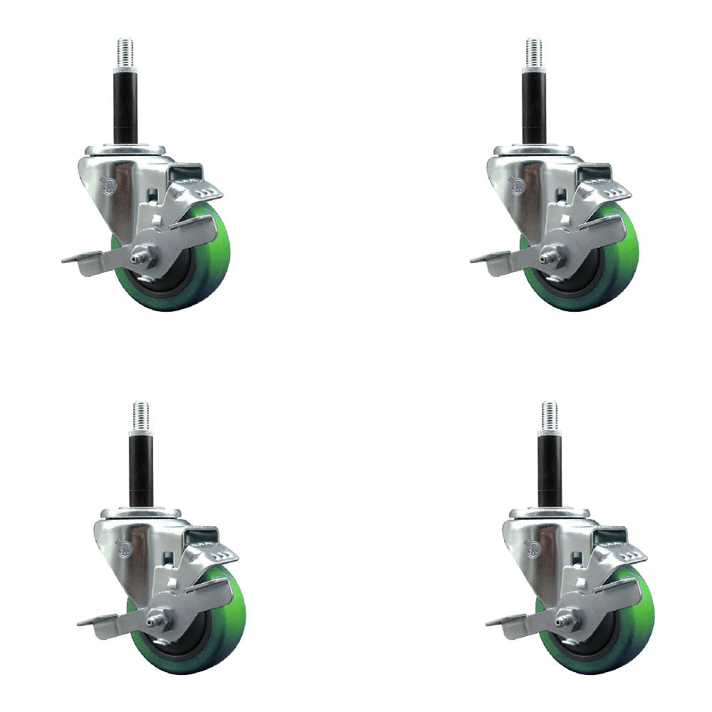 Stainless Steel Polyurethane Swivel Expanding Stem Caster Set of 4 with 3 Inch Green Wheels and 3/4" Stems - Includes 4 Swivel with Top Locking Brakes-300 lbs. Capacity Per Caster-Service Caster Brand — photo 1