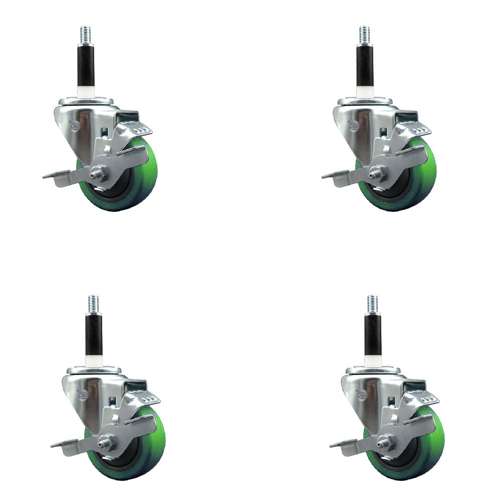 Stainless Steel Polyurethane Swivel Expanding Stem Caster Set of 4 with 3 Inch Green Wheels and 7/8" Stems - Includes 4 Swivel with Top Locking Brakes-300 lbs. Capacity Per Caster-Service Caster Brand — photo 1