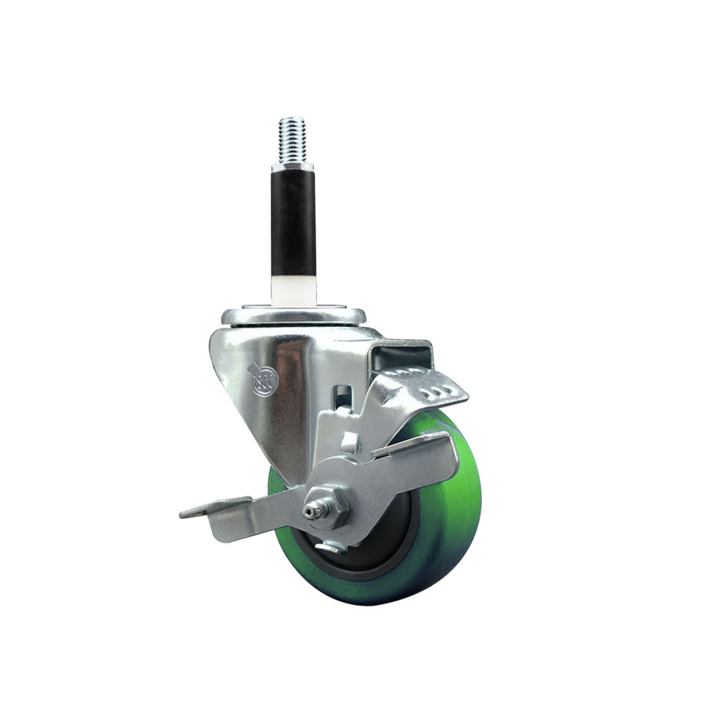 Polyurethane Expanding Stem Swivel Caster with 3 Inch Green Wheel and 7/8" Stem & Top Locking Brake - 300 lbs. Capacity Per Caster - Service Caster Brand — photo 1