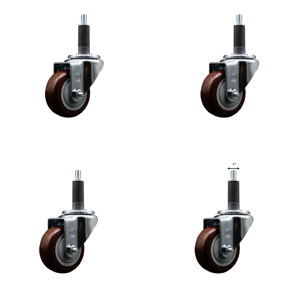Polyurethane Swivel Expanding Stem Caster Set of 4 with 3 Inch Maroon Wheels and 1" Stems - 300 lbs. Capacity Per Caster - Service Caster Brand — photo 1