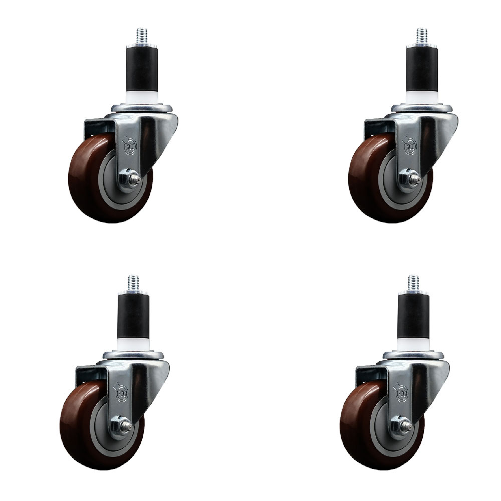 Polyurethane Swivel Expanding Stem Caster Set of 4 with 3 Inch Maroon Wheels and 1-1/2" Stems - 300 lbs. Capacity Per Caster - Service Caster Brand — photo 1