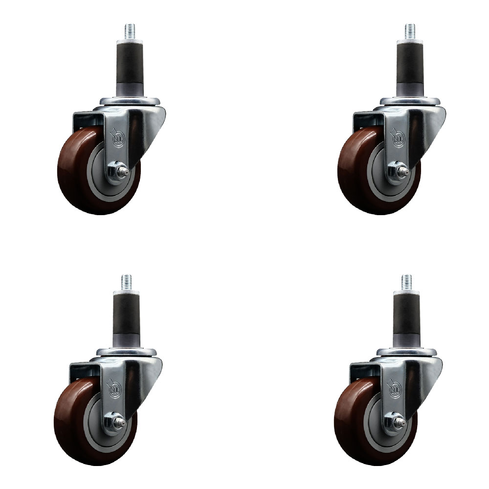 Stainless Steel Polyurethane Swivel Expanding Stem Caster Set of 4 with 3 Inch Maroon Wheels and 1-1/4" Stems - Includes 4 Swivel - 300 lbs. Capacity Per Caster - Service Caster Brand — photo 1