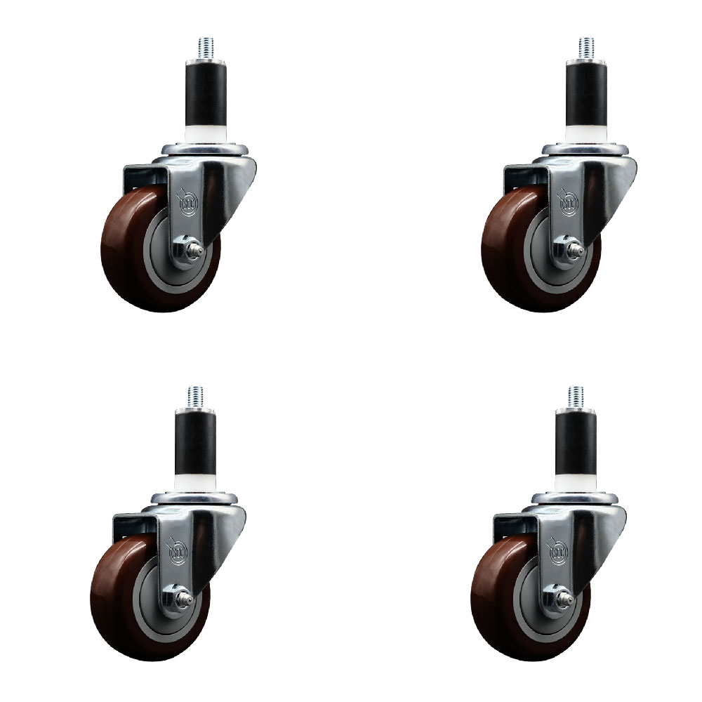 Polyurethane Swivel Expanding Stem Caster Set of 4 with 3 Inch Maroon Wheels and 1-3/4" Stems - 300 lbs. Capacity Per Caster - Service Caster Brand — photo 1