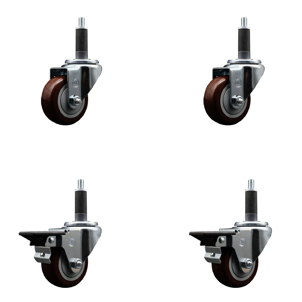 Polyurethane Swivel Expanding Stem Caster Set of 4 with 3 Inch Maroon Wheels and 1" Stems - Includes 2 with Posi Locking Brakes - 1200 lbs Total Capacity - Service Caster Brand — photo 1