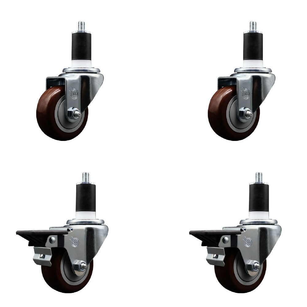 Polyurethane Swivel Expanding Stem Caster Set of 4 with 3 Inch Maroon Wheels and 1-1/2" Stems - Includes 2 with Posi Locking Brakes - 1200 lbs Total Capacity - Service Caster Brand — photo 1
